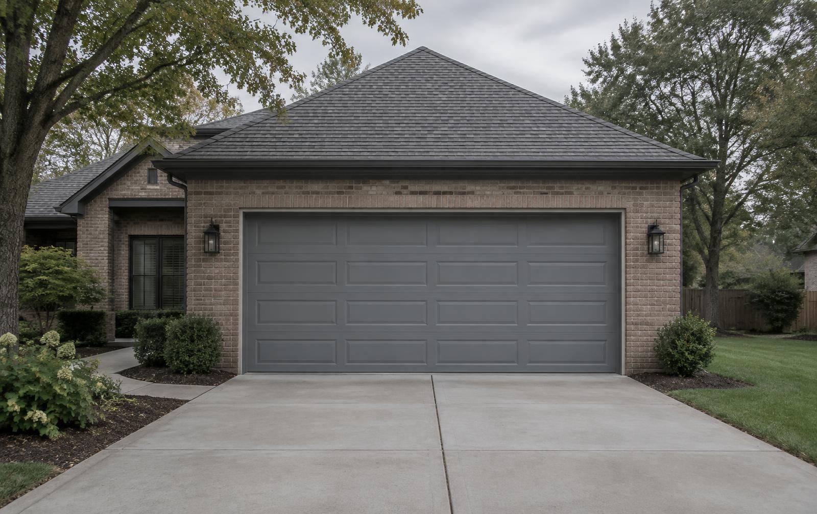Closed sectional steel garage door on a brick home
